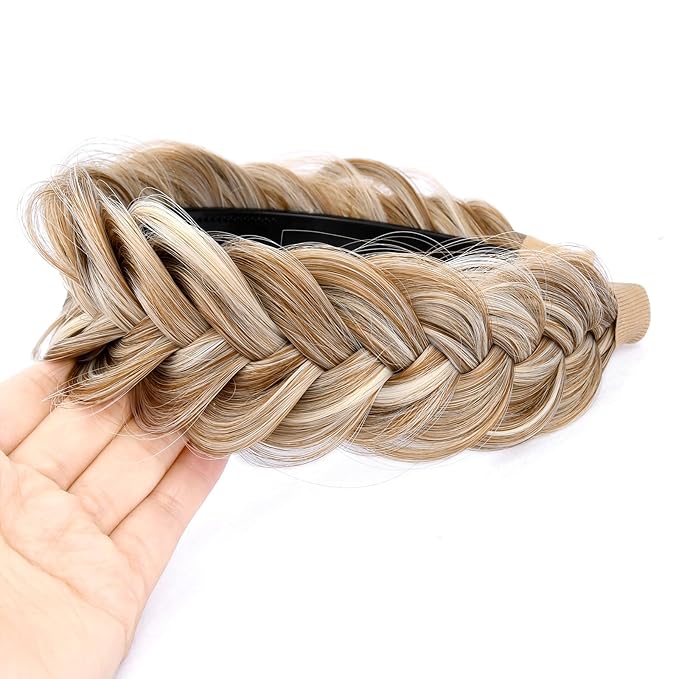 DIGUAN Wide Messy Braided Headband With Teeth Synthetic Hair Plaited Headband High Elasticity Braids Fishtail Braided Hair Band Hairpiece for Girls Women (Sandy Blonde)