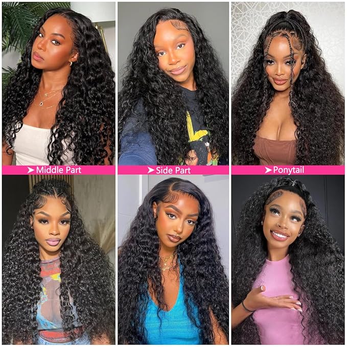 34 Inch 13×6 HD Lace Front Wigs Human Hair Water Wave 200 Density Lace Frontal Wigs Pre Plucked Deep Curly Human Hair Wig for Women Natural Black