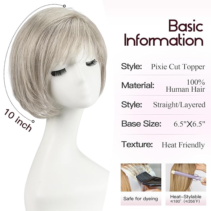 EMMOR Human Hair Toppers for Women Short Bob Real Hair with Bangs 10" Side Part Hairpieces for Women with Thin Hair 6.5" × 6.5" Larger Base Human Wig Toppers(Gray)