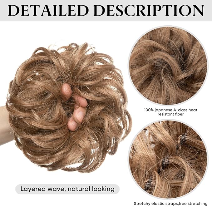 SARLA 2PCS Messy Hair Bun Hair Pieces Wavy Curly Synthetic Updo Fake Scrunchies Ponytail Extension for Women Cream Blonde