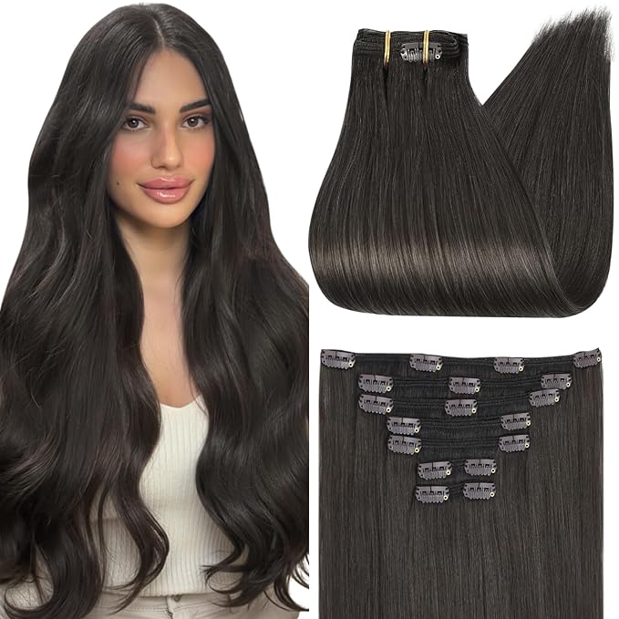 Full Shine Real Hair Extensions Clip in Human Hair Natural Black Tea Human Hair Clip ins for Fine Hair 20 Inch 120 G 7 Pcs
