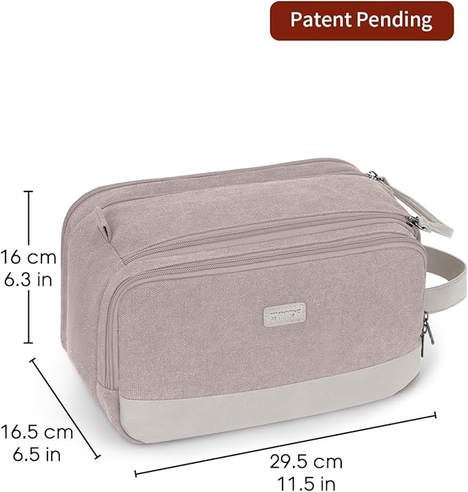 WANDF Toiletry Bag for Men Travel Toiletry Organizer Canvas and Leather Dopp Kit Water-Resistant Shaving Bag for Travel Accessories (Light Pink, Large)