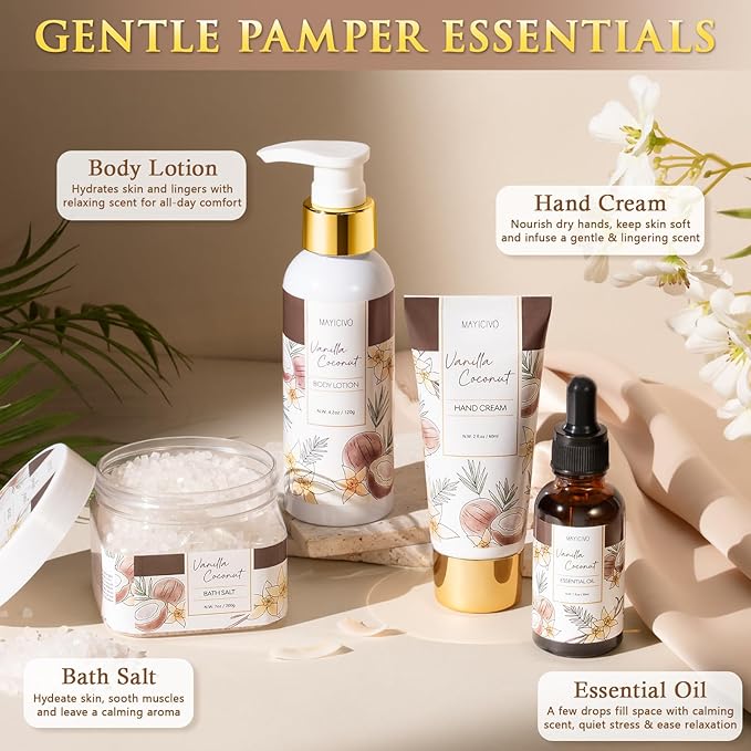 Christmas Birthday Gifts for Women, Vanilla Coconut Relaxing Spa Gift Baskets for Women Self Care Package Bath Gift Set, Home Bath and Body Kit Pampering Gifts for Womens Mom Her Friends Sister Wife