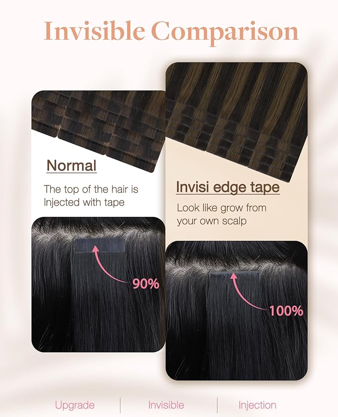 GOO GOO Invisi Edge Tape in Hair Extensions Human Hair, 2/6 Dark Brown Highlighted Chestnut Brown 10pcs injected with 10pcs classical tape ins, 16inch 50g, Virgin Remy Hair, Natural Look