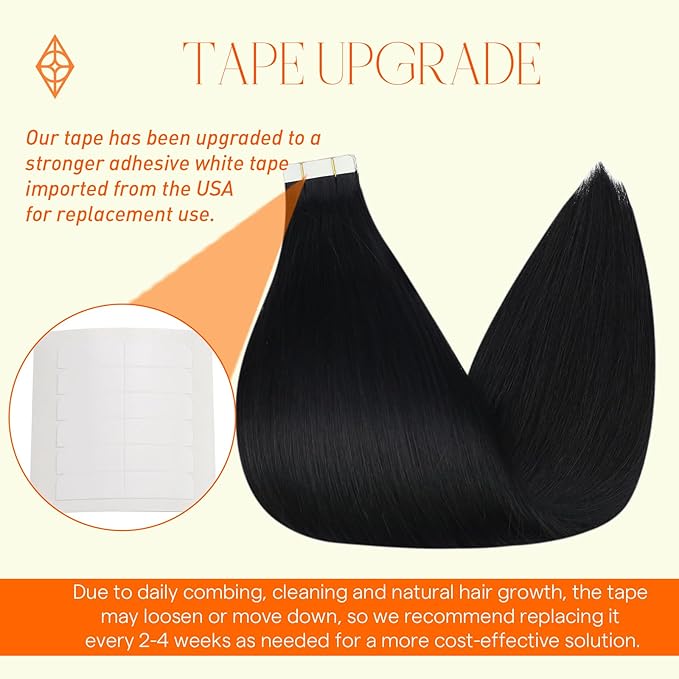 Full Shine Black Tape in Extensions Real Human Hair Color 1 Jet Black 26Inch Invisible Tape in Hair Extensions 100G 40PCS Soft Remy Seamless Add Length for Women