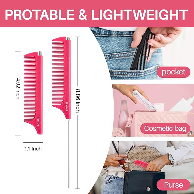 RHOS Retractable Fine Tooth Comb for Hair Parting, Styling, Cutting and Braiding - Carbon and Stainless Steel Pin Tail Comb (Pink)
