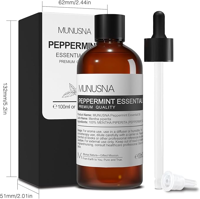 Peppermint Essential Oil, 100% Pure & Natural Peppermint Oil 100ML, Premium Grade Aromatherapy Oil for Skin Body Hair Care, Freshening Air, Mood, Diffuser, Massage, Soap and Candle Making