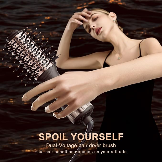 Travel Dual Voltage Hair Dryer Brush 4-in- 1,Portable Mini Hot Air Blow Dryer Straightener & Curler Brush,Titanium Oval Blowout Styler Volumizer Tools-Dark Chocolate