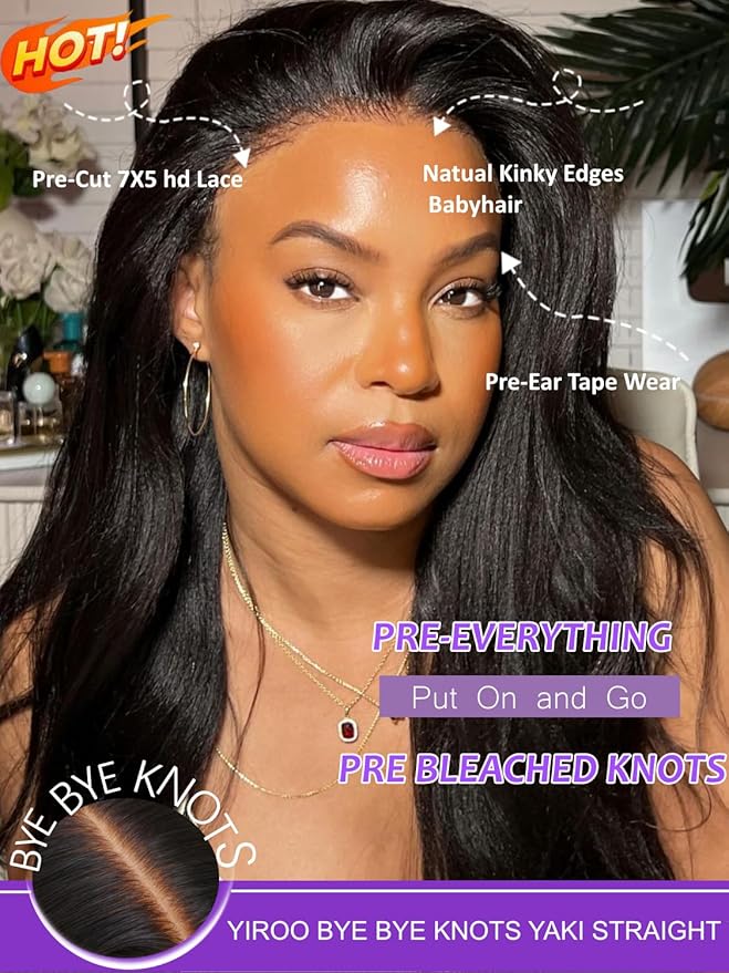 YIROO Bye Bye Knots Glueless Wig Yaki Straight Pre Cut 7x5 HD Lace Front Wig Human Hair Put On and Go Pre Everything Wig with Baby Hair Pre Bleached Invisible Knots 180% Density Easy to Wear 22inch