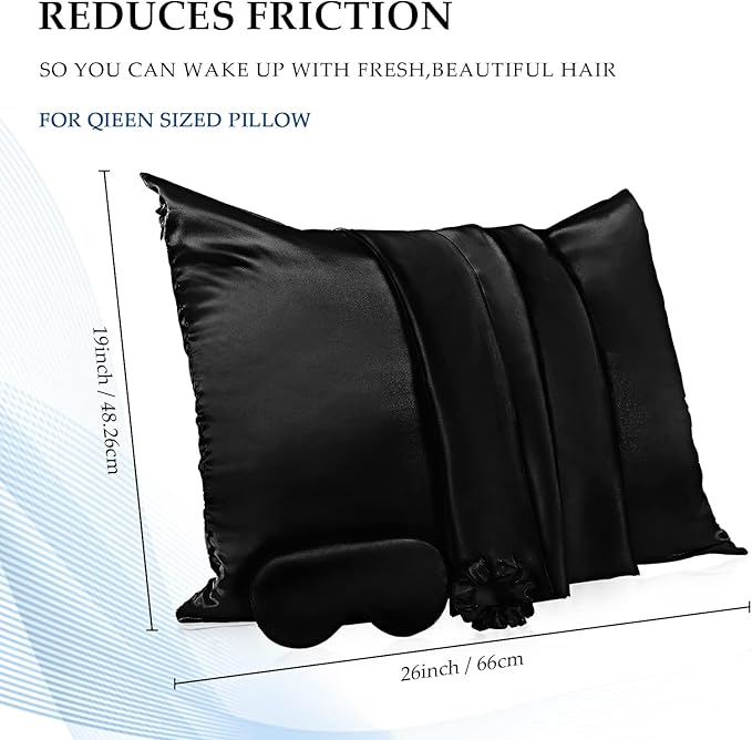 2 Pack Satin Pillowcase with Latent Zipper, Adjustable Satin Eye Mask for Sleeping and Satin Volume Scrunchie for Hair and Skin, Standard Size (Classic Style, Black)