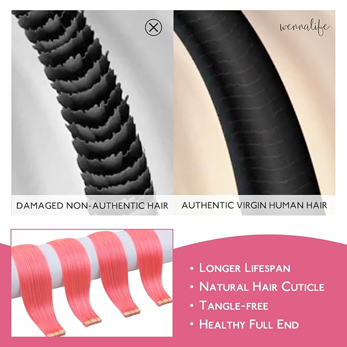 WENNALIFE Tape in Hair Extensions Human Hair Light Pink Tape in Extensions, 10pcs 25g 16 inch Remy Invisible Tape Ins Straight Colored Soft Real Human Hair Tape in Extensions Refill Set Extensions