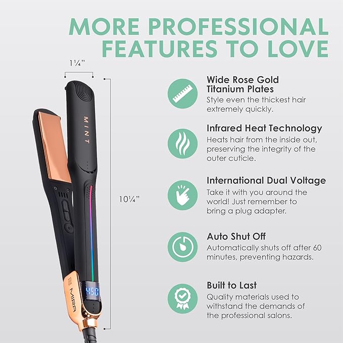 Professional Series MIRA Titanium Flat Iron Hair Straightener for Thick & Fine Hair | Powerful Single-Pass Straightening | Straightener & Curling Iron in One | 1 1/4 Inch Wide Flat Iron by MINT