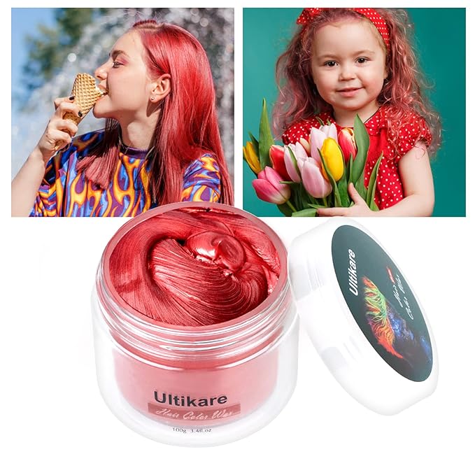 Temporary Hair Color for Kids, Ultikare Red Hair Dye Washable Natural Hair Wax Color Chalk Mud Cream DIY Hairstyle Clay For Dark Hair Halloween, Cosplay, Party, Christmas Gift Girls 3.4 Fl Oz