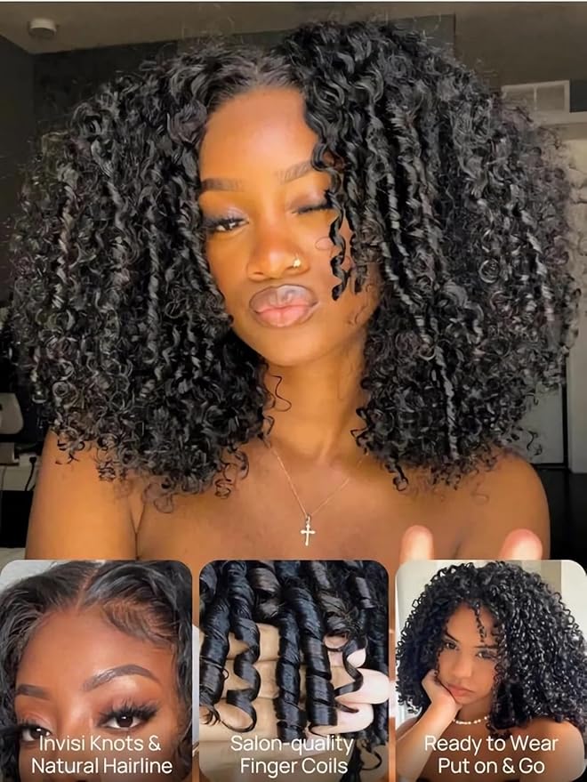 Julia Hair 7x5 Lace Water Curly Texture Wig With Finger Coil Ends Glueless Wigs Human Hair Put On and Go Invisible Lace Pre Plucked Pre Cut Bleached Knots Natural Hairline 18 Inch