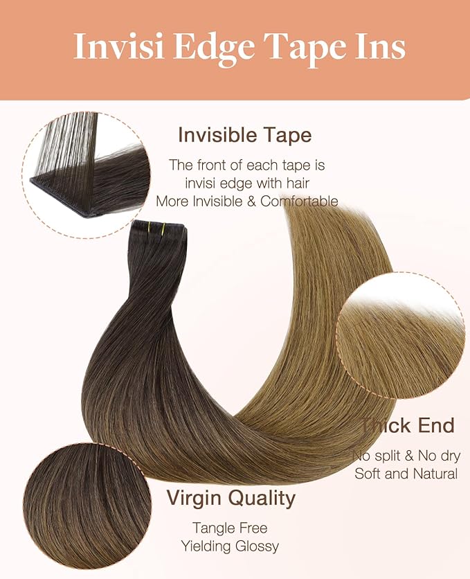 GOO GOO Invisi Edge Tape in Hair Extensions Human Hair, 1D/2C/4E Chocolate Dip Color Melt 10pcs injected with 10pcs classical tape ins, 12inch 40g, Virgin Remy Hair, Natural Look