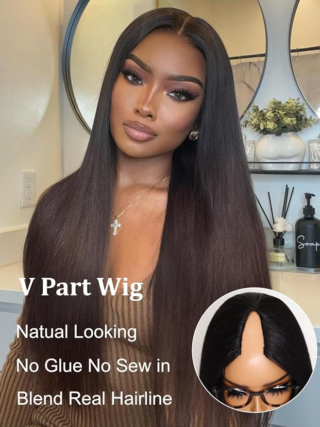 YIROO V Part Wig Human Hair No Leave Out Ombre Chestnut Brown Yaki Straight Glueless Human Hair Wig Upgrade U Part Wigs for Women V Shape Clip in Half Wig No Glue No Sew in Beginner Wig 18inch