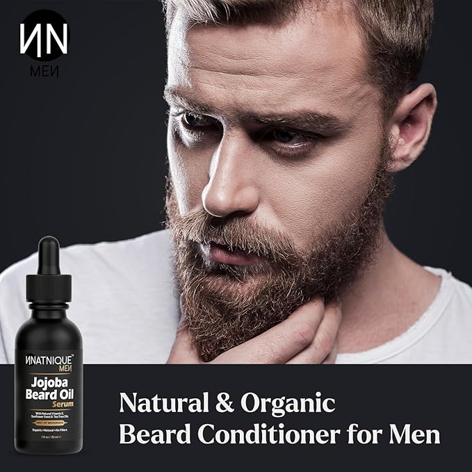 Natnique Beard Care Gift Set – Organic Jojoba Beard Conditioner with Vitamin E & Tea Tree + Vegan Beard Brush – Natural Moisturizer & Grooming Kit for Men – Softens, Hydrates & Reduces Itch