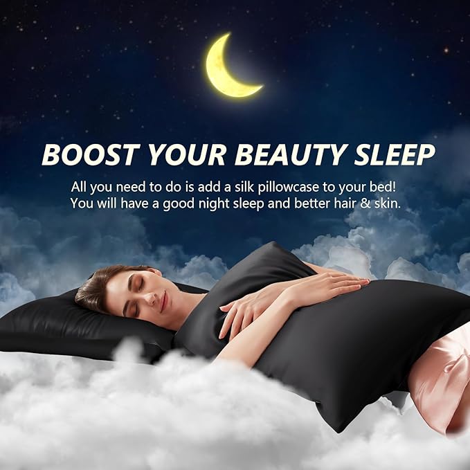 Silk Pillow Cases 2 Pack Queen Size Mulberry Silk Pillowcase Set of 2 for Hair and Skin 30 x 20 Inches 22 Momme Both Side Grade 6A Silk Soft Breathable Cooling with Hidden Zipper, Black
