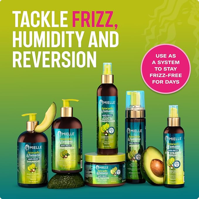 Mielle Organics Avocado & Tamanu Hair Leave In Conditioner Spray for Frizz Control - Smoothing Detangler & Anti Frizz Treatment for Dry, Damaged Styles - Nourishes Scalp for Soft, Shiny Strands - 8 oz