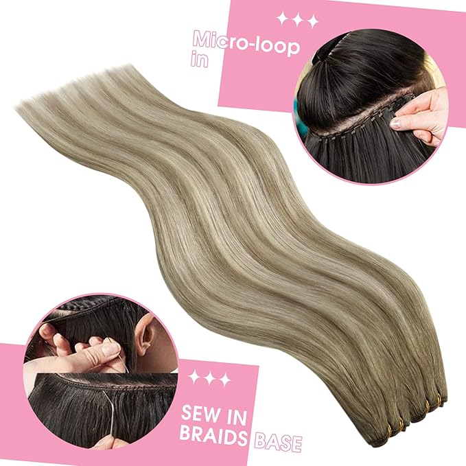 YoungSee Hair Extensions Weft Light Brown Sew in Extensions Hand Tied Weft Hair Extensions Human Hair Light Brown Mix Platinum Blonde Thick Remy Hair for Full Head 18Inch 100g