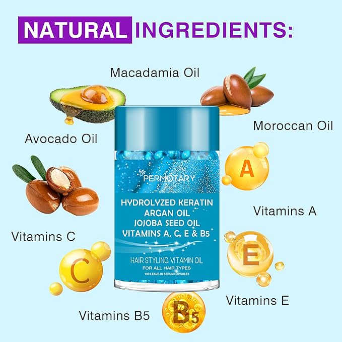 100 Capsules Styling Serum With Keratin, Treatment Oil for Frizzy Hair, Serum With Vitamins A, C, E & B5, Argan Avocado Oil for All Types, Leave-in Conditioner for Women & Men