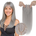 Real Human Hair Toppers for Women 3.54"*4.72" Silky Base 150% Density With Bangs Adjustable Parting Clip-In Topper Hairpieces for Women with Thinning Hair 10 Inches Silver Grey
