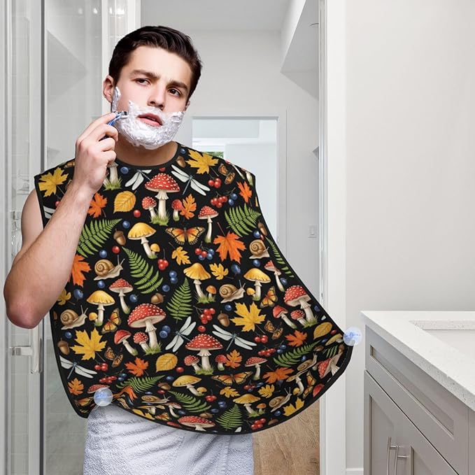 Non-Stick Beard Shaving Bib, Hair Catcher Apron with Suction Cups, Waterproof Grooming Tool for Men Husband, Fall Mushroom Leaves Shave Bib