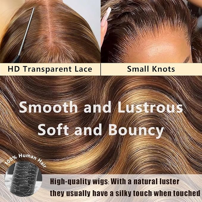 Honey Blonde Lace Front Wig Ombre 13x6 HD Lace Front Wigs Human Hair P4/27 Colored for Women 220 Density Highlight Wig Pre Plucked Body Wave Wig Honey Blonde Lace Front Wig 32Inch