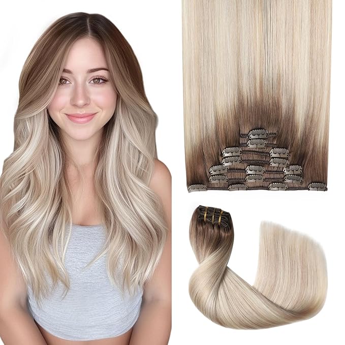 Pro2.0 Remy Clip in Extensions Real Human Hair #8/60/18 Ash Brown to Ash Blonde Mix Platinum Remy Clip in Hair Extensions Real Human Hair 18inch 120g Thick 7pcs Double Weft（#8/60/18-18inch）