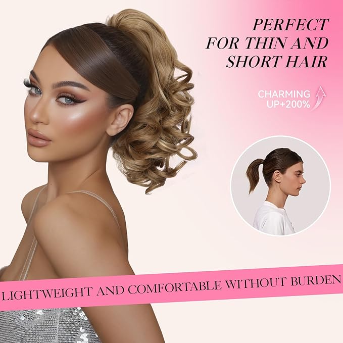 Clip on Ponytails for Women - 12 Inch Curly Ponytail Extension, Wavy Pony Tails Hair Extensions, Synthetic Hair Extensions Ponytail, Clip in Ponytail (Color: Ash Brown with Beige Blonde Highlights)
