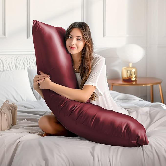 BEDELITE Satin Body Pillow Cover 2 Pack, Super Soft and Cooling Body Pillow Pillowcase for Hair and Skin, Breathable Silky Full Long Pillowcase Cover(20"x54", Burgundy)