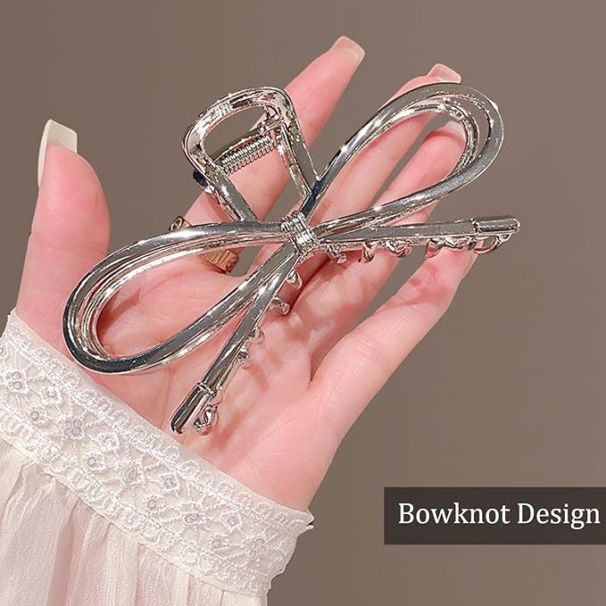 Metal Hair Claw Clips, Silvery Bowknot Alloy Non-Slip Strong Grip Hair Jaw Clips for Thick or Thin Hair (Silver Bow)
