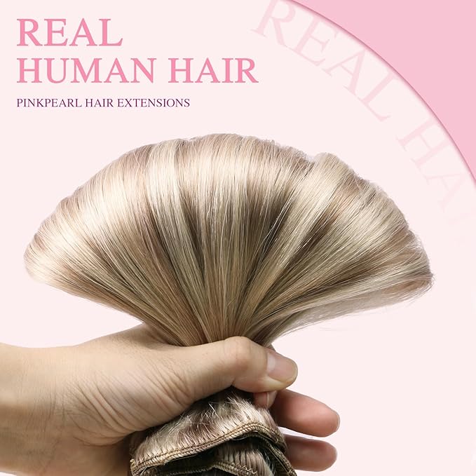 PINKPEARL Clip in Hair Extensions Straight Human Hair #18/22/60 Balayage Ash Blonde to Golden Blonde and Platinum Blonde 7pcs 120g 18 Inch Real Hair Clip in Extensions(#18/22/60-18)