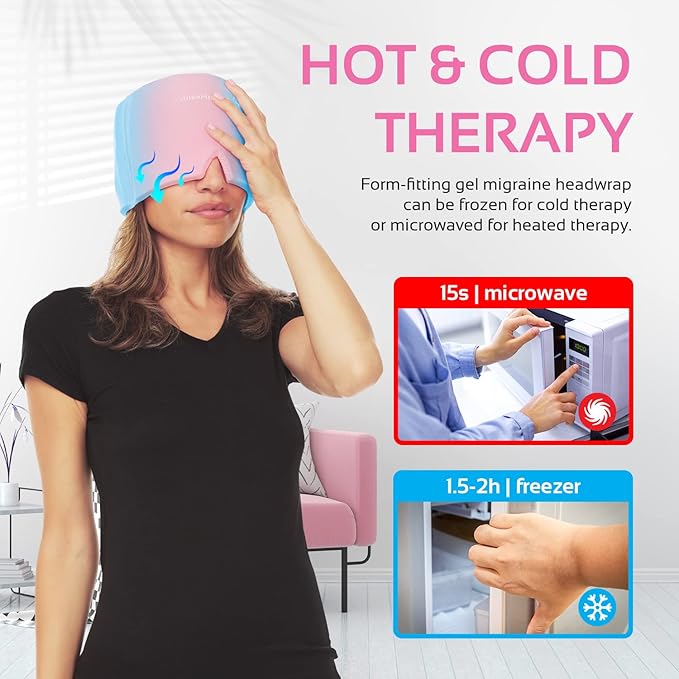 Migraine Relief Cap Ice Head Wrap Headache and Migraine Hat | Headache Relief with Hot/Cold Gel Head Ice Pack with Face and Eye Headache Mask Compress, Pink