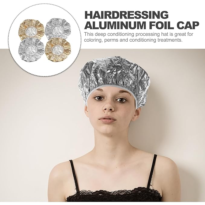 4pcs Hair Coloring Tin Foil Caps with Elastic Band Deep Conditioning Heat Insulation Hats for Salon and Home Use Reusable Aluminum Foil Hair Treatment Caps for Coloring Perms and