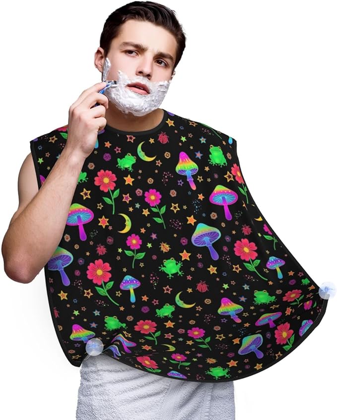 Adjustable Non-Stick Beard Apron, Hair Catcher Cape for Shaving Grooming, Waterproof with Suction Cups Men, Beautiful Magical Flowers Goth Moon Mushrooms Frogs Shave Bib