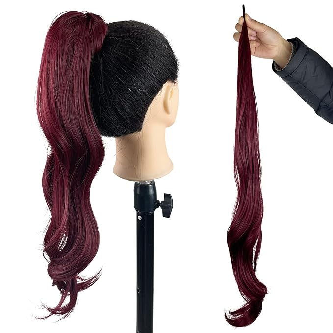 Chicmoi Burgundy Ponytail Extainson 32 Inch Flexible Wrap Around Ponytail Hair Extension Long Wavy Pony Tails hair Extension Wine Red Synthetic Hairpieces For Women and Girls