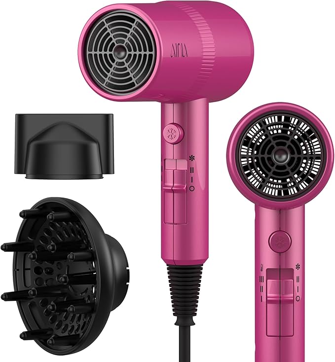 AINA Hair Dryer with Diffuser, Blow Dryer for Women | Advanced Ionic Technology, Ceramic Coating | Cold Shot Features Turbo Heat for Fast Drying and Shine 110V/ALCI (Neon Pink)