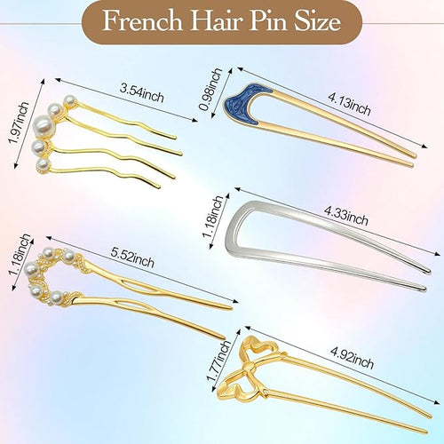 10 PCS French Hair Pins for Women, Lightweight French Twist Hair Pins U-Shaped Pearl French Pins, Bun and Updo Hair Styling Pins Metal Hair Fork Hair Accessories