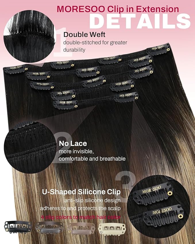 Moresoo Balayage Hair Extensions Clip ins Natural Black to Brown with Honey Blonde Clip in Real Human Hair Ombre Black to Blonde for Women Remy Human Hair Long Full Head 80g/5pcs 18 inch
