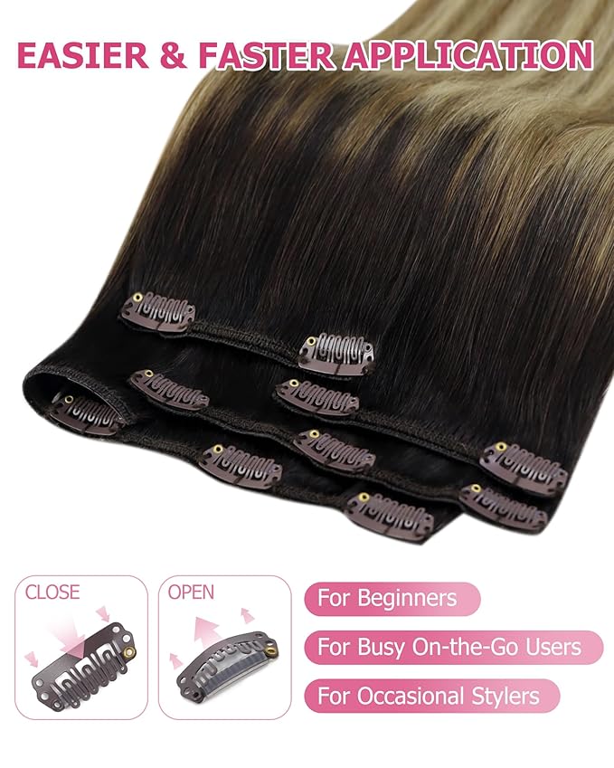 YoungSee Clip in Human Hair Extensions Balayage Clip on Hair Extensions for Women Darkest Brown to Blonde with Brown Balayage Clip in Extensions Real Human Hair Long Straight Hair 24Inch 120G 7Pcs