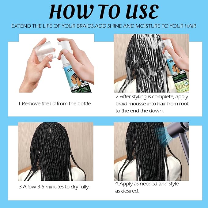 8 fl oz Braid Foam Control Mousse Braiding Hair Mousse for Braids Twist, Locs, No Flake Extra Hold High Shine Style & Moisturizes, Nourishes, Lightweight, Smooth, No Greasy Tea Tree