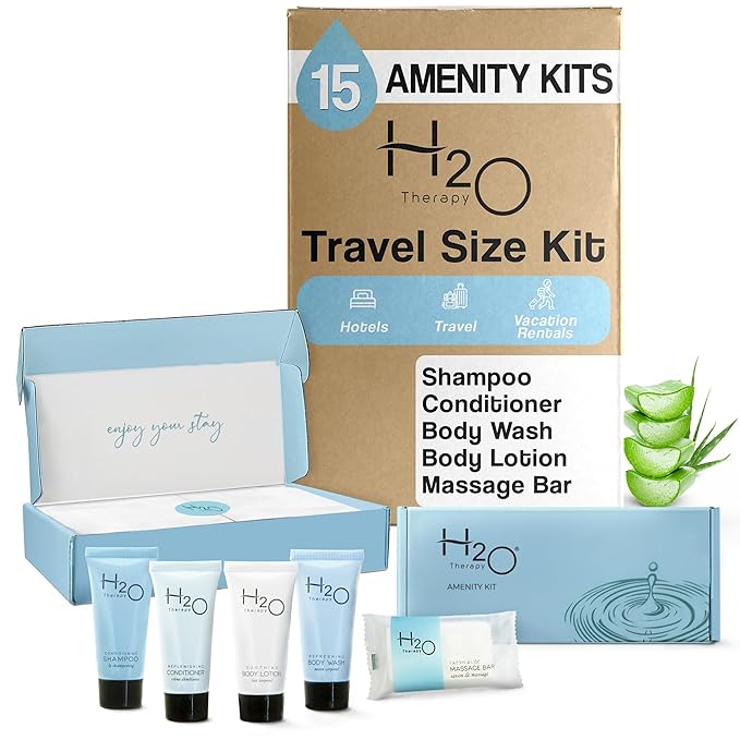 H2O Therapy Amenity Kit | Hotel Bulk Toiletries | 0.85 oz Shampoo, Conditioner, Lotion, Body Wash, Body Bar Soap for Guest Hospitality Vacation Rentals | 15 Sets/Case