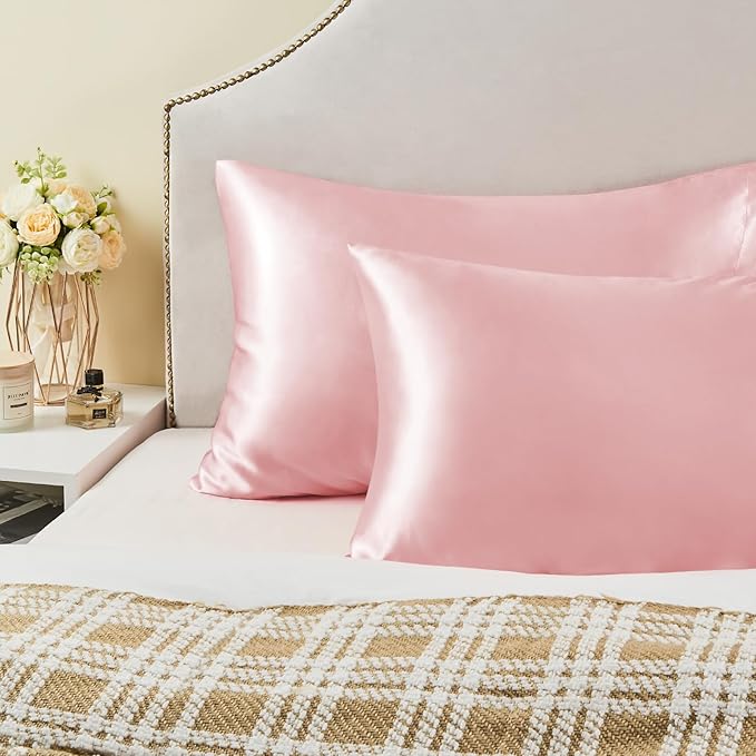 BEDELITE Satin Pillowcase with Zipper 2 Pack, Pink Pillow Cases Standard Size, Super Soft and Cooling Similar to Silk Pillow Cases, Gift for Women Men(20x26 Inches)