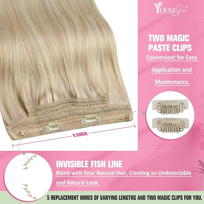 YoungSee 130g Wire Hair Extensions Ash Blonde Highlights Bleach Blonde Human Hair Wire Extensions Blend Naturally Fish Line Hair Extensions Real Human Hair 20Inch