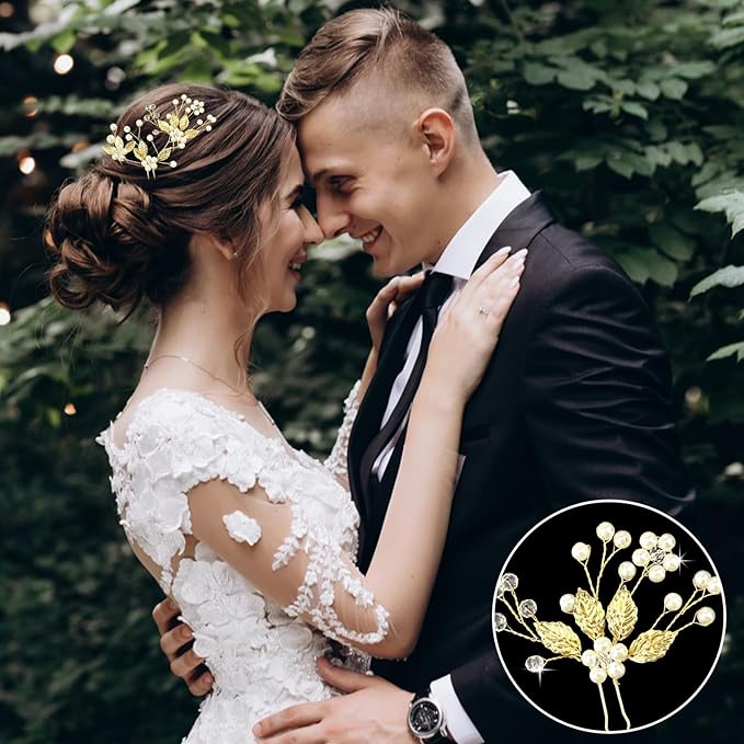 5 Pieces Bride Hair Pins Pearl Bridal Hair Piece for Women Sparkly Gold Leaf Crystal Hair Accessories for Bride Bridesmaids Flower Girls(Gold)