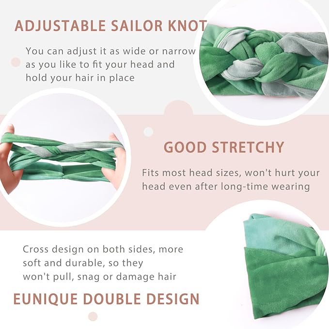 Vercret Headbands for Women Tie Dye Sailor Knot Headband Wide Elastic Adjustable Braided Hair Bands Non Slip Boho Stretchy Turban Headwrap Yoga Workout,3Pcs