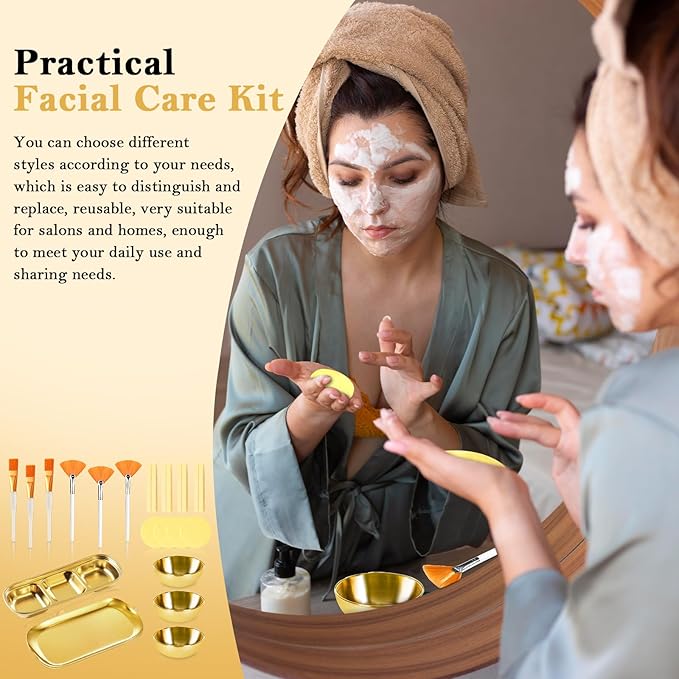 23 Pcs Esthetician Supplies 3 Stainless Steel Gold Mixing Bowls Gold Small Serving Tray 3 Compartment Serving Tray 3 Facial Fan Brushes 3 Face Mask Applicator Brush 12 Facial Sponge Compressed Round