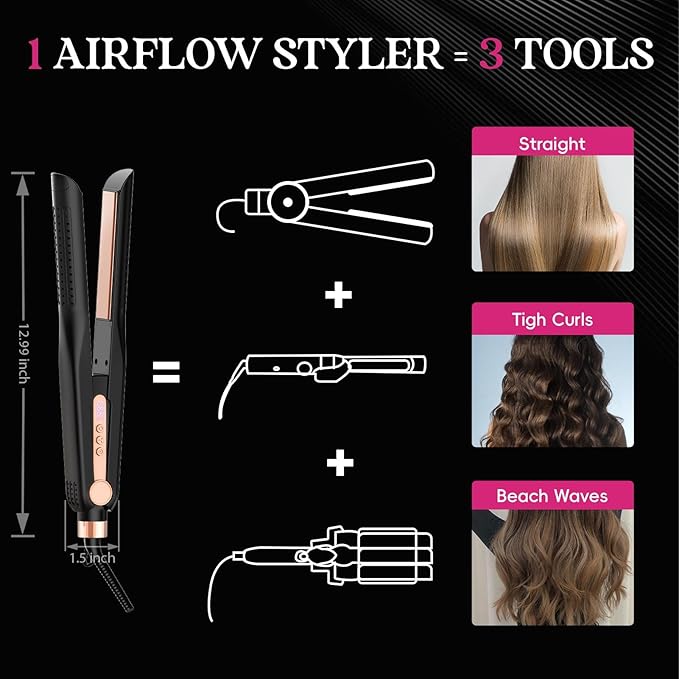 SKIMI Airflow Styler, Titanium Flat Iron Hair Straightener, Professional Curling Iron with Cooling Air Vents to Lock in Style, 5 Temps & Dual Voltage, Auto Off (Black & Rose Champagne).