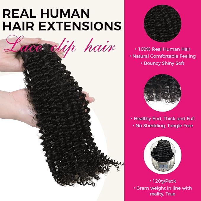 Lashey Clip in Hair Extensions Real Human Hair 120g 7pcs 22 Inch Kinky Curly Clip in Hair Extensions Natural Black Soft Natural Hair for Women